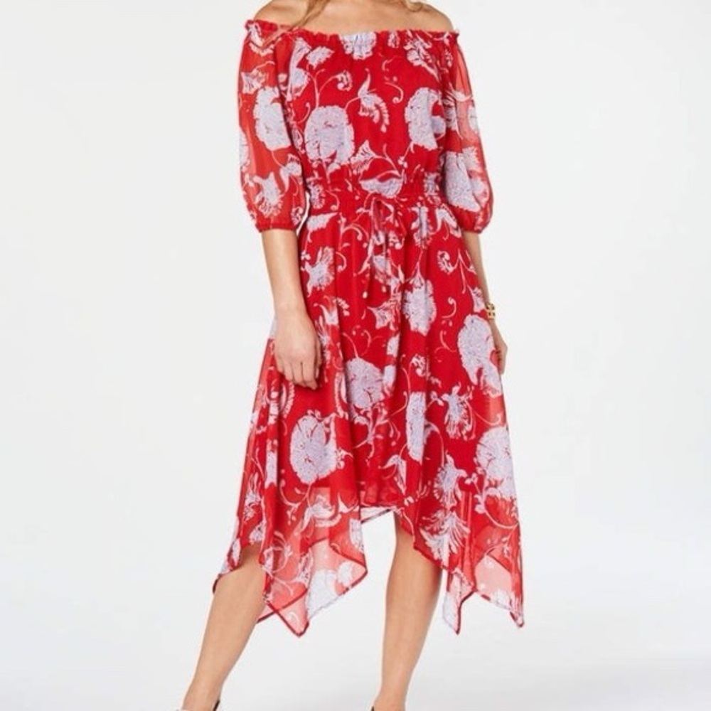 Tommy Hilfiger Woman Red Floral Chiffon Off-Shoulder Asymmetrical Dress US4